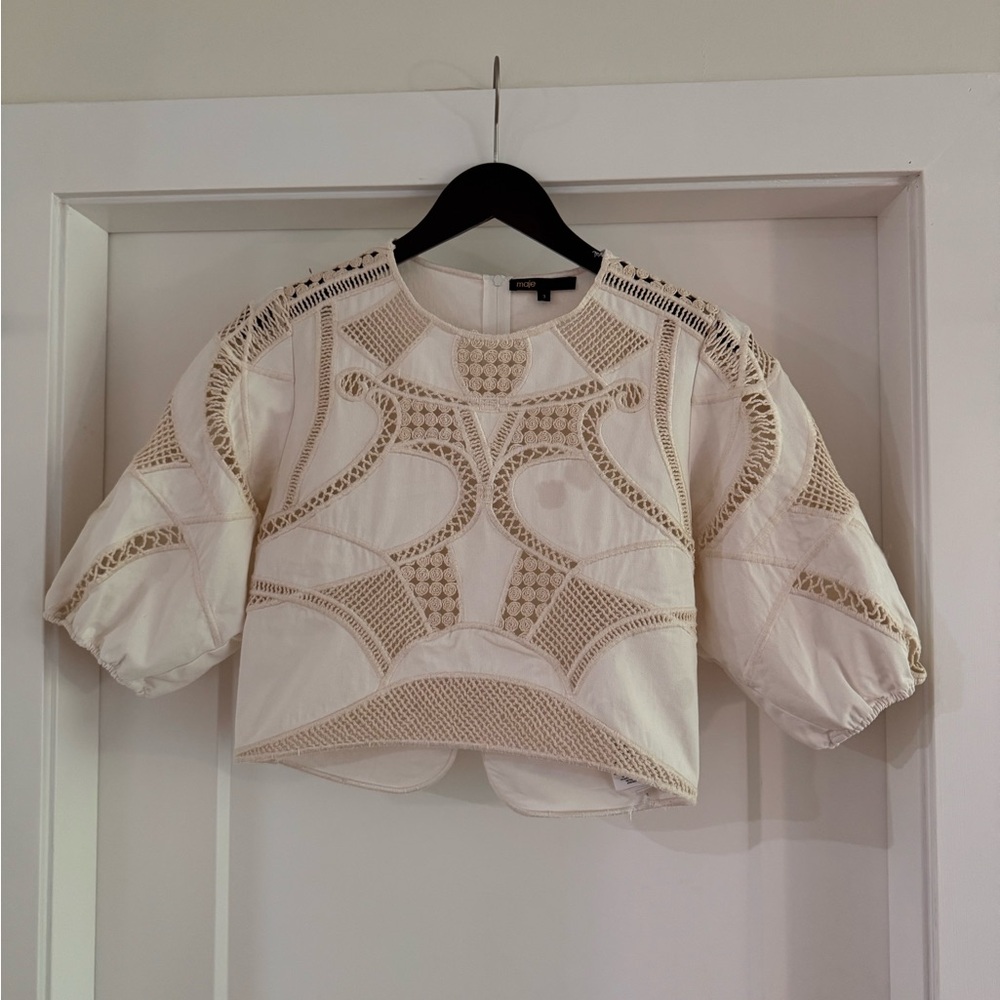 Maje Cream Embellished 3/4 Sleeve Blouse